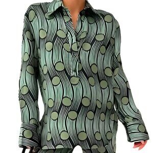 NEW ZARA Printed BUTTON DOWN Flowing Blouse Green Size S
